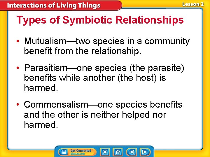 Types of Symbiotic Relationships • Mutualism—two species in a community benefit from the relationship.