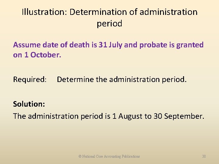 Illustration: Determination of administration period Assume date of death is 31 July and probate