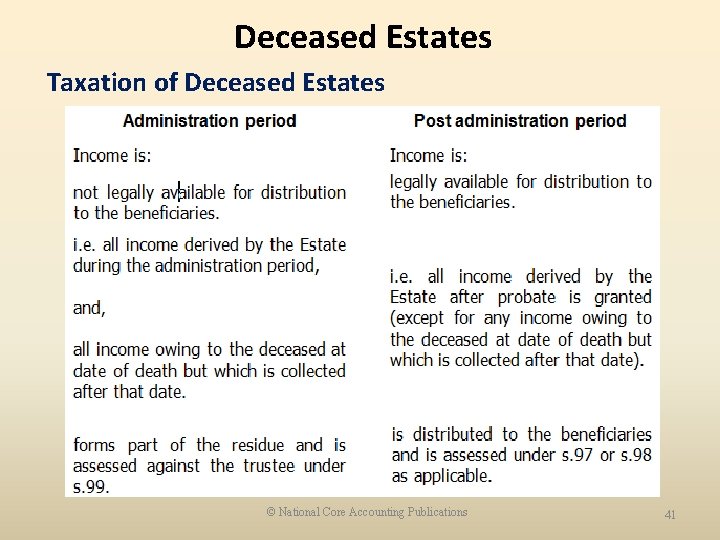 Deceased Estates Taxation of Deceased Estates © National Core Accounting Publications 41 