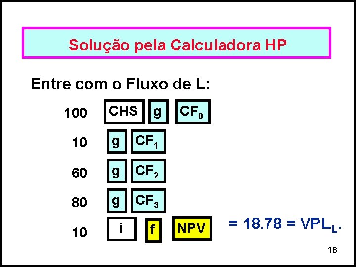 Solução pela Calculadora HP Entre com o Fluxo de L: 100 CHS g 10