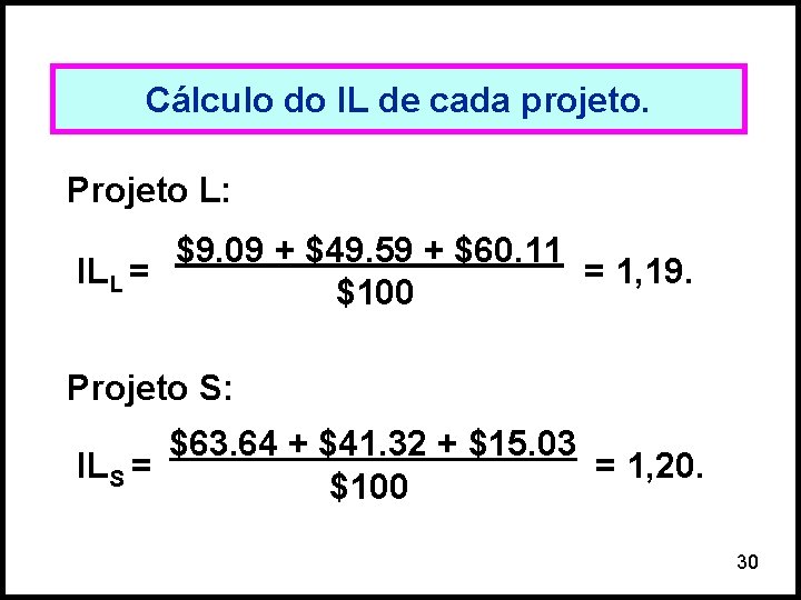 Cálculo do IL de cada projeto. Projeto L: $9. 09 + $49. 59 +