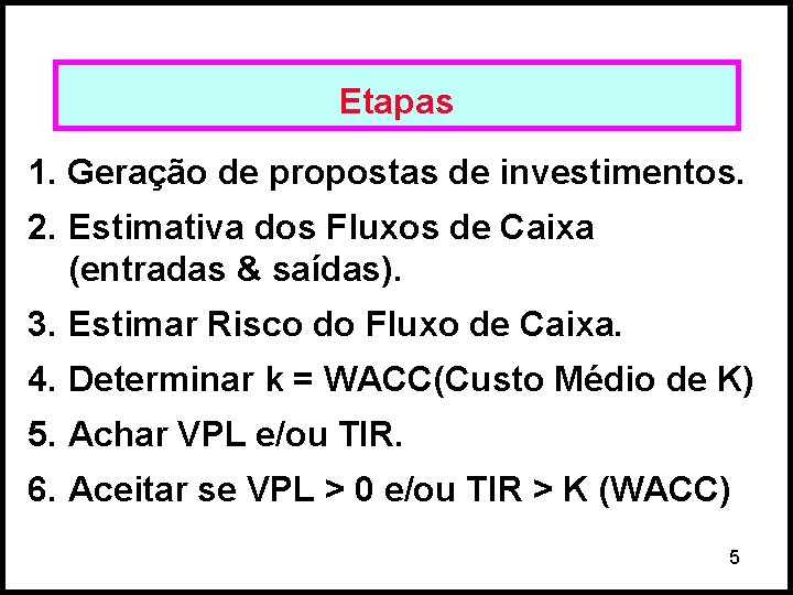 Etapas 1. Geração de propostas de investimentos. 2. Estimativa dos Fluxos de Caixa (entradas