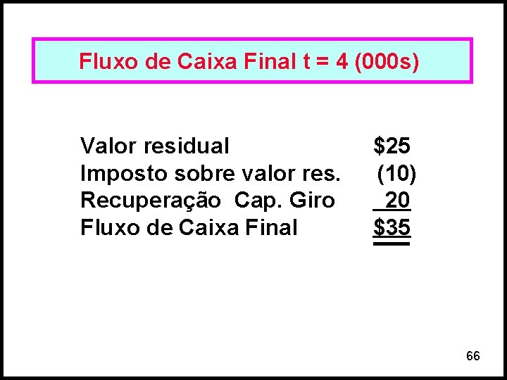 Fluxo de Caixa Final t = 4 (000 s) Valor residual Imposto sobre valor
