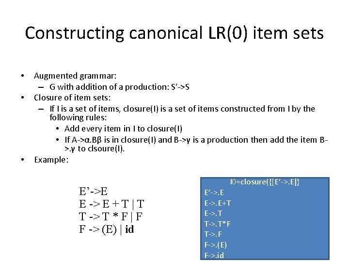 Constructing canonical LR(0) item sets • • • Augmented grammar: – G with addition