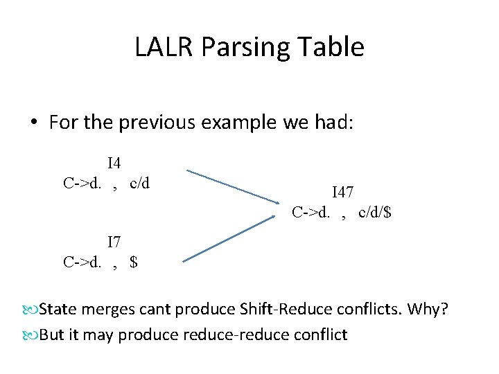 LALR Parsing Table • For the previous example we had: I 4 C->d. ,