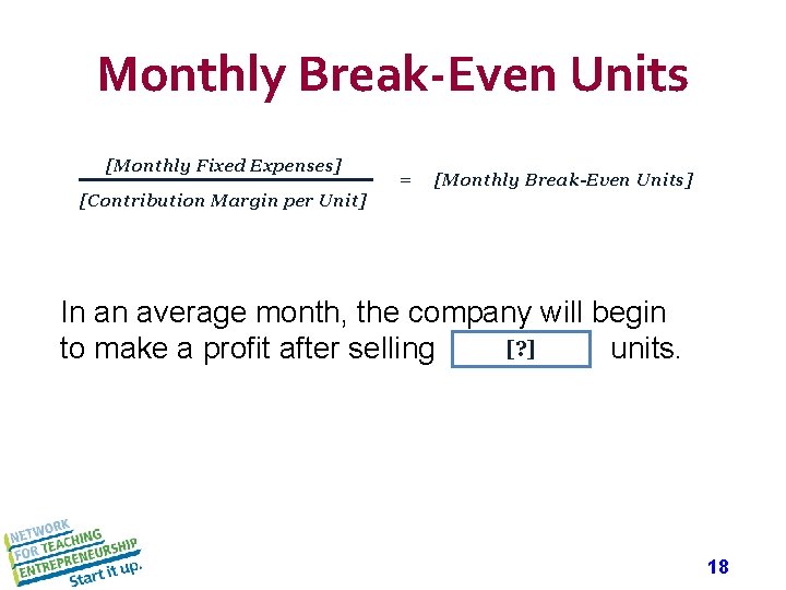 Monthly Break-Even Units [Monthly Fixed Expenses] = [Monthly Break-Even Units] [Contribution Margin per Unit]