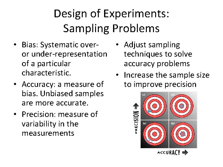 Design of Experiments: Sampling Problems • Bias: Systematic over • Adjust sampling or under-representation