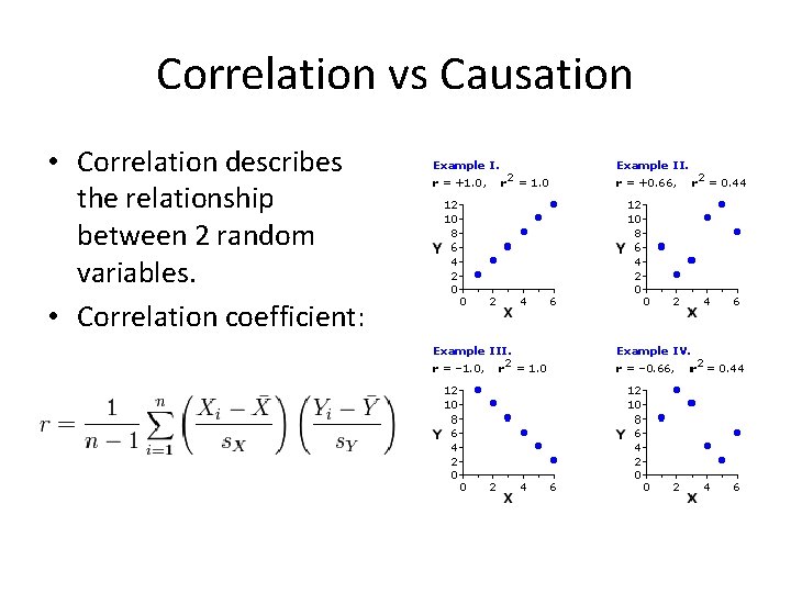 Correlation vs Causation • Correlation describes the relationship between 2 random variables. • Correlation