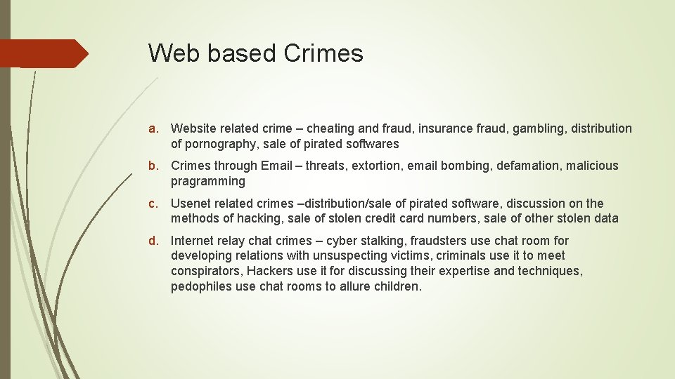 Web based Crimes a. Website related crime – cheating and fraud, insurance fraud, gambling,