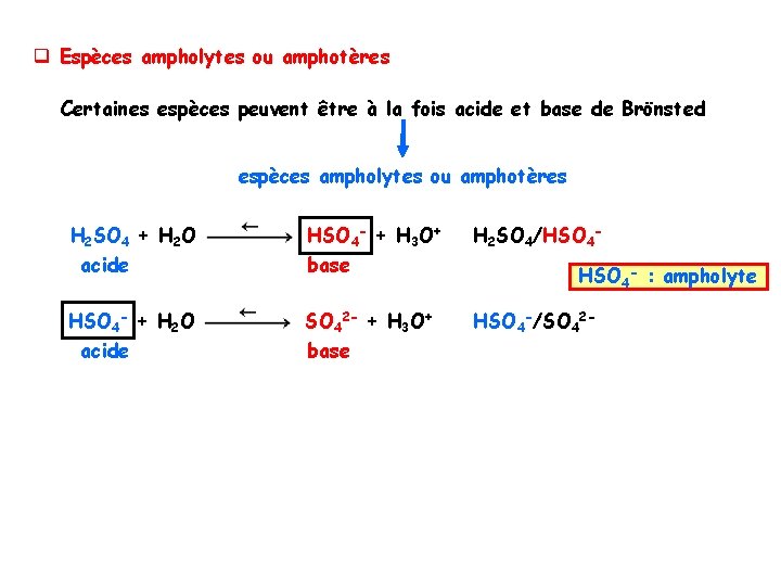 q Espèces ampholytes ou amphotères Certaines espèces peuvent être à la fois acide et