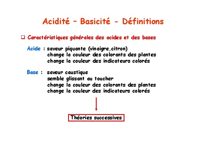 Acidité – Basicité - Définitions q Caractéristiques générales des acides et des bases Acide