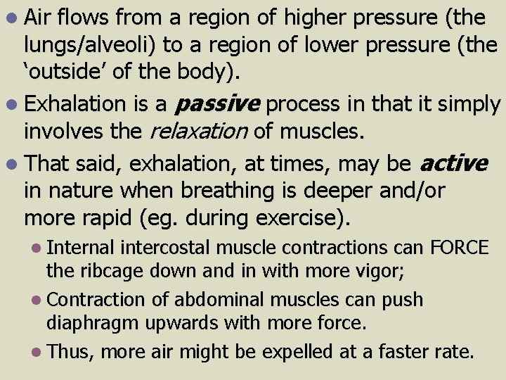 l Air flows from a region of higher pressure (the lungs/alveoli) to a region