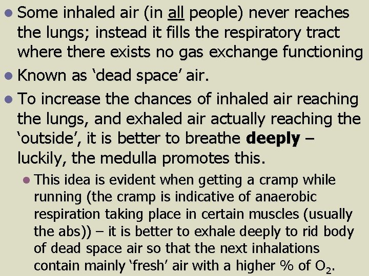 l Some inhaled air (in all people) never reaches the lungs; instead it fills