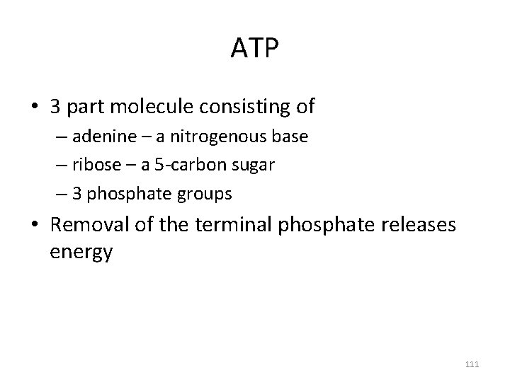 ATP • 3 part molecule consisting of – adenine – a nitrogenous base –