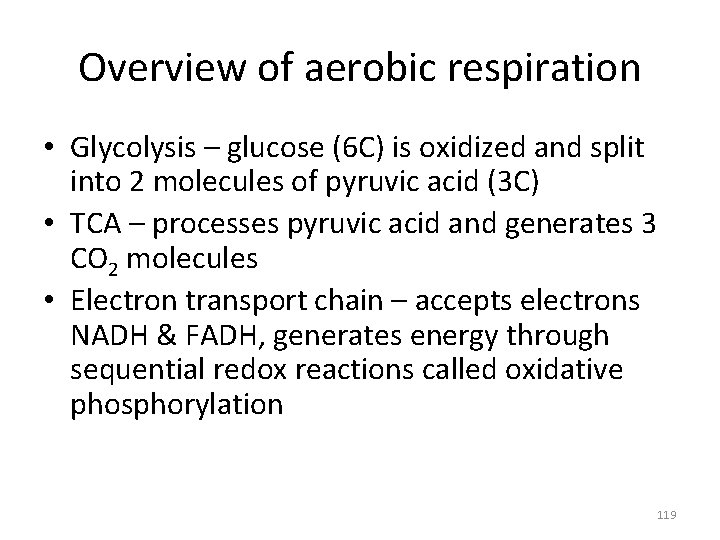 Overview of aerobic respiration • Glycolysis – glucose (6 C) is oxidized and split