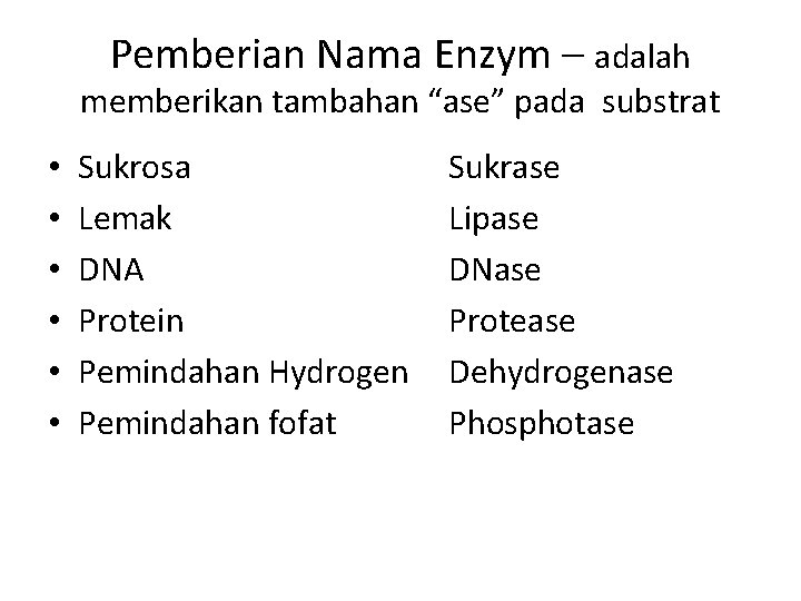 Pemberian Nama Enzym – adalah memberikan tambahan “ase” pada substrat • • • Sukrosa