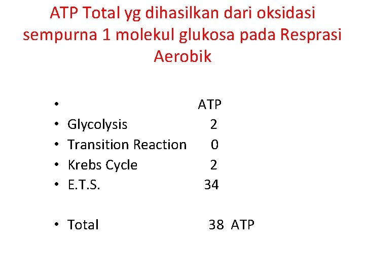 ATP Total yg dihasilkan dari oksidasi sempurna 1 molekul glukosa pada Resprasi Aerobik •