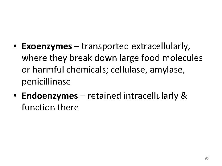  • Exoenzymes – transported extracellularly, where they break down large food molecules or