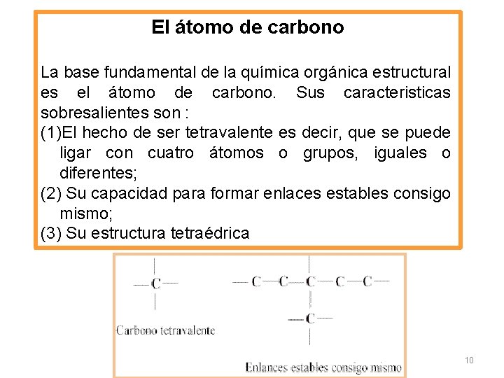 El átomo de carbono La base fundamental de la química orgánica estructural es el