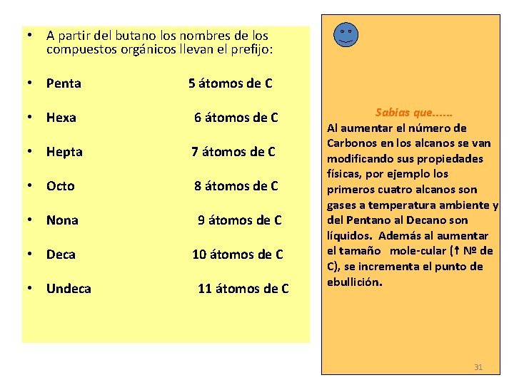  • A partir del butano los nombres de los compuestos orgánicos llevan el