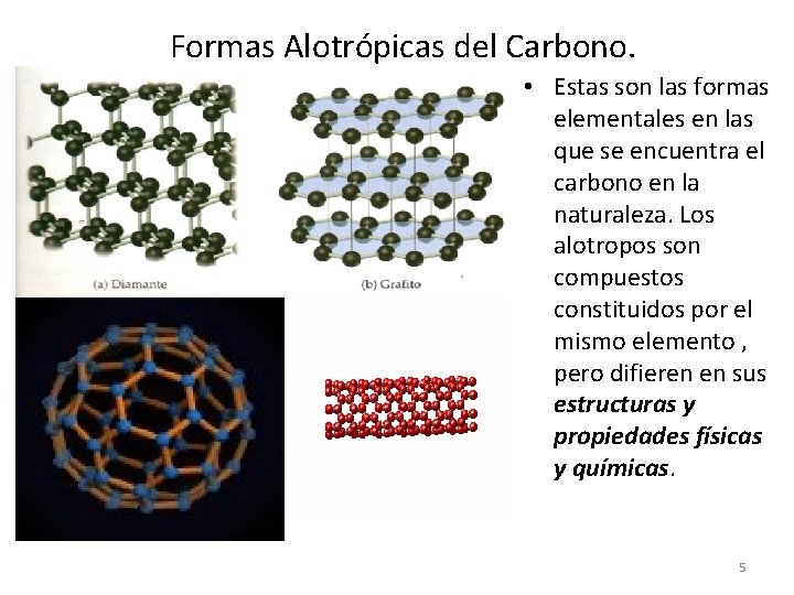 Formas Alotrópicas del Carbono. • Estas son las formas elementales en las que se