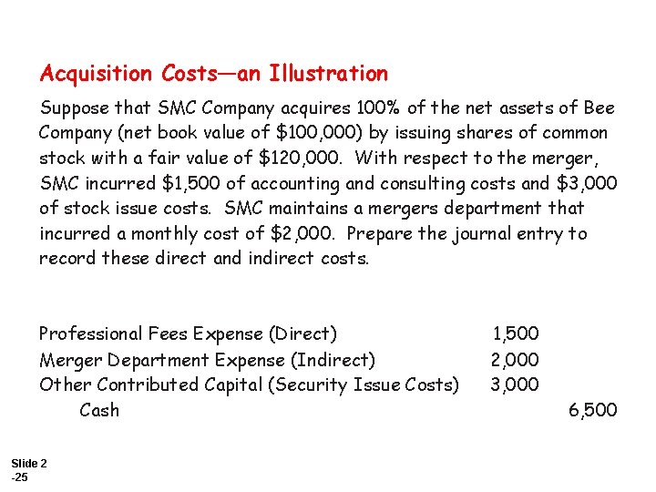 Acquisition Costs—an Illustration Suppose that SMC Company acquires 100% of the net assets of