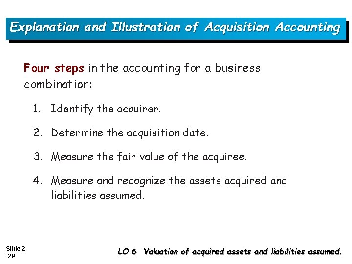Explanation and Illustration of Acquisition Accounting Four steps in the accounting for a business