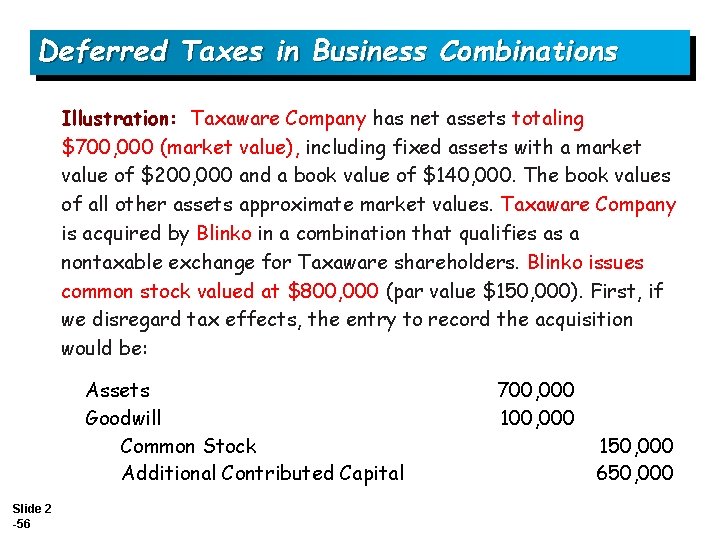 Deferred Taxes in Business Combinations Illustration: Taxaware Company has net assets totaling $700, 000