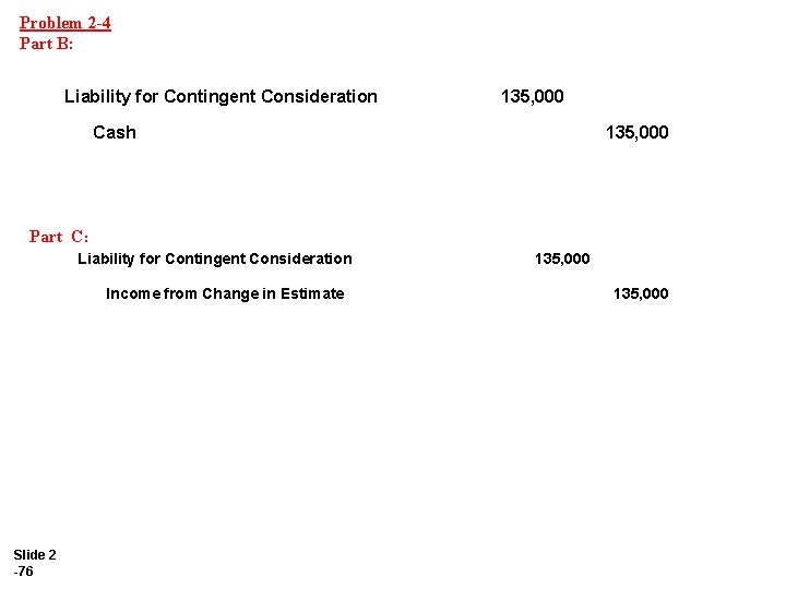 Problem 2 -4 Part B: Liability for Contingent Consideration 135, 000 Cash 135, 000