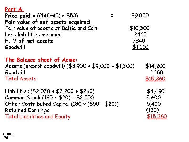 Part A. Price paid = ((140+40) × $50) Fair value of net assets acquired: