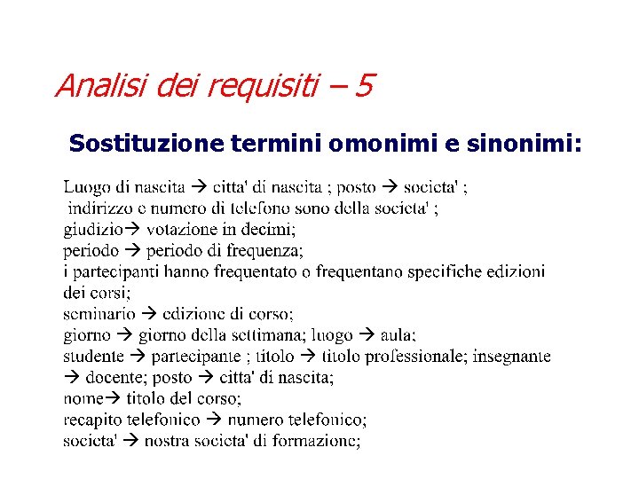Analisi dei requisiti – 5 Sostituzione termini omonimi e sinonimi: 