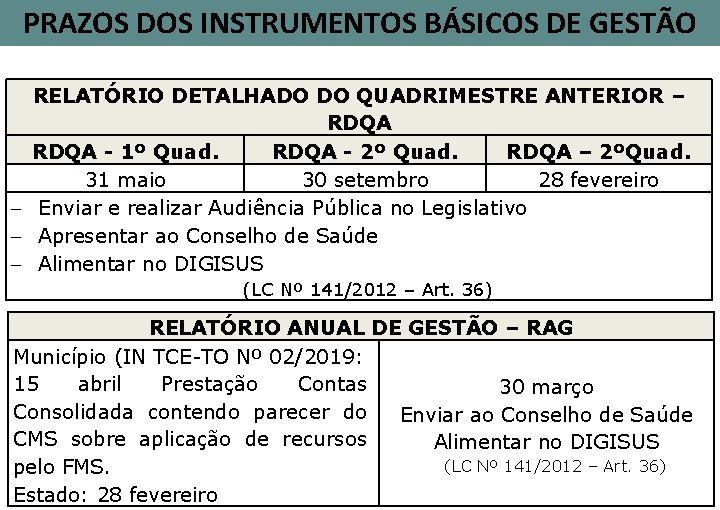 PRAZOS DOS INSTRUMENTOS BÁSICOS DE GESTÃO RELATÓRIO DETALHADO DO QUADRIMESTRE ANTERIOR – RDQA -