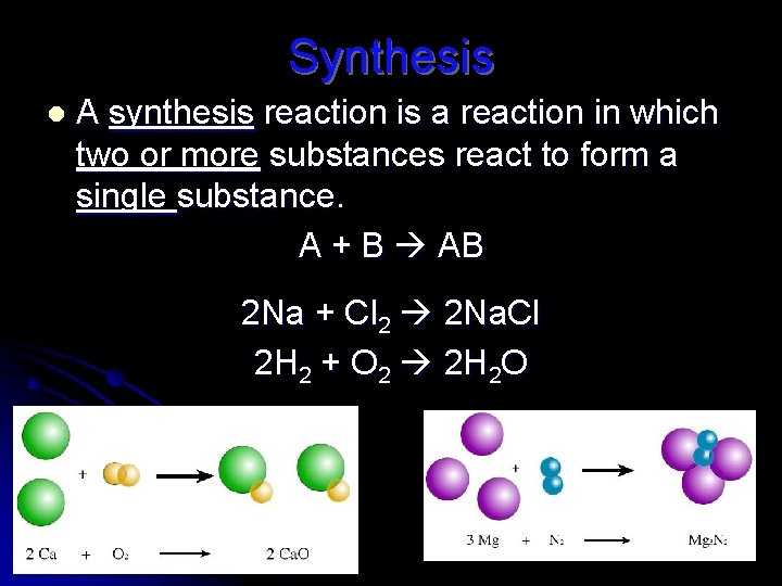 Synthesis l A synthesis reaction is a reaction in which two or more substances