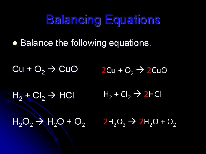 Balancing Equations l Balance the following equations. Cu + O 2 Cu. O 2