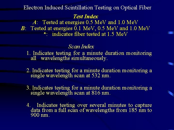Electron Induced Scintillation Testing on Optical Fiber Test Index A: Tested at energies 0.