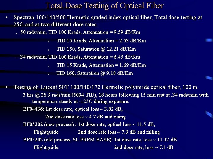 Total Dose Testing of Optical Fiber • Spectran 100/140/500 Hermetic graded index optical fiber,