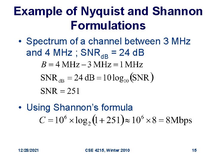 Example of Nyquist and Shannon Formulations • Spectrum of a channel between 3 MHz