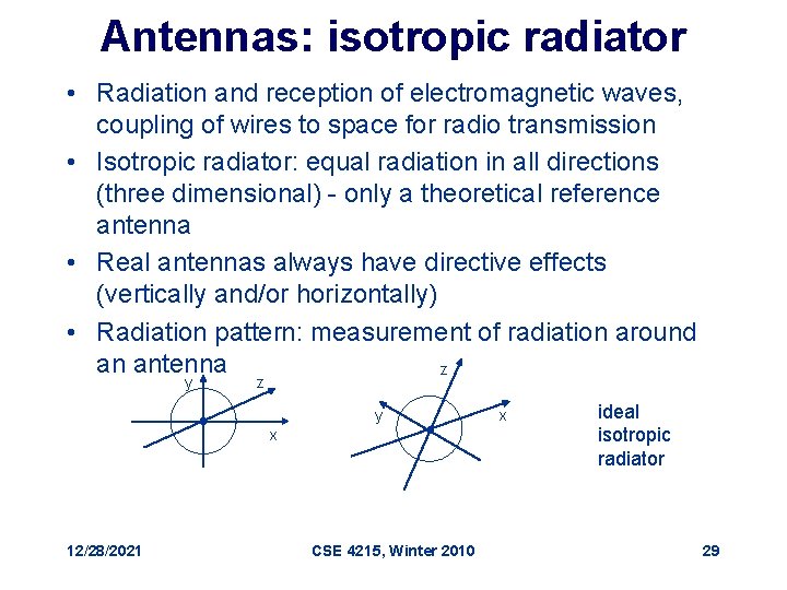 Antennas: isotropic radiator • Radiation and reception of electromagnetic waves, coupling of wires to