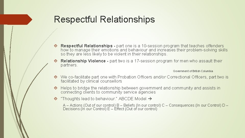 Respectful Relationships - part one is a 10 -session program that teaches offenders how Respectful Relationships - part one is a 10 -session program that teaches offenders how