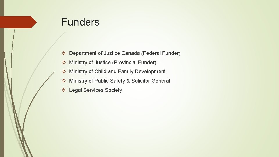 Funders Department of Justice Canada (Federal Funder) Ministry of Justice (Provincial Funder) Ministry of Funders Department of Justice Canada (Federal Funder) Ministry of Justice (Provincial Funder) Ministry of