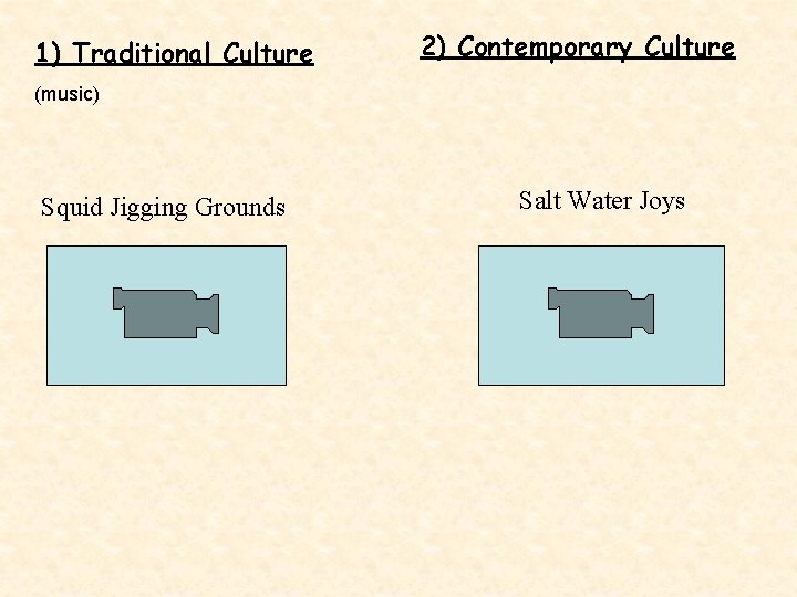 1) Traditional Culture 2) Contemporary Culture (music) Squid Jigging Grounds Salt Water Joys 