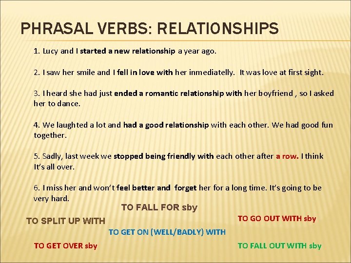 PHRASAL VERBS: RELATIONSHIPS 1. Lucy and I started a new relationship a year ago.
