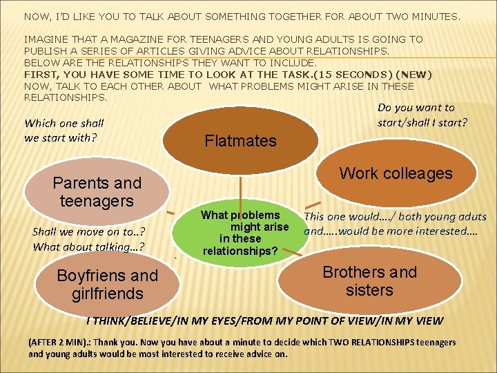 NOW, I’D LIKE YOU TO TALK ABOUT SOMETHING TOGETHER FOR ABOUT TWO MINUTES. IMAGINE