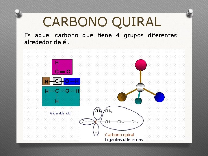 CARBONO QUIRAL Es aquel carbono que tiene 4 grupos diferentes alrededor de él. 