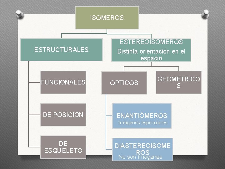 ISOMEROS ESTRUCTURALES FUNCIONALES DE POSICION ESTEREOISOMEROS Distinta orientación en el espacio OPTICOS GEOMETRICO S