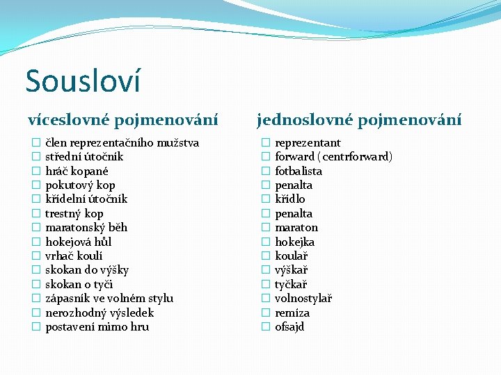 Sousloví víceslovné pojmenování jednoslovné pojmenování � člen reprezentačního mužstva � střední útočník � hráč