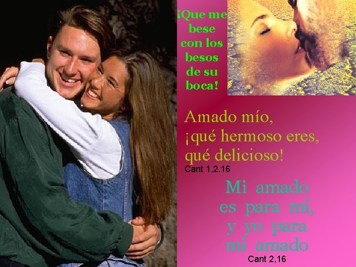 ¡Que me bese con los besos de su boca! Amado mío, ¡qué hermoso eres,
