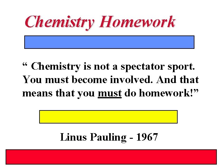 Chemistry Homework “ Chemistry is not a spectator sport. You must become involved. And