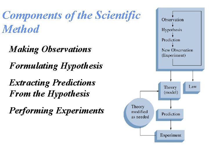 Components of the Scientific Method Making Observations Formulating Hypothesis Extracting Predictions From the Hypothesis