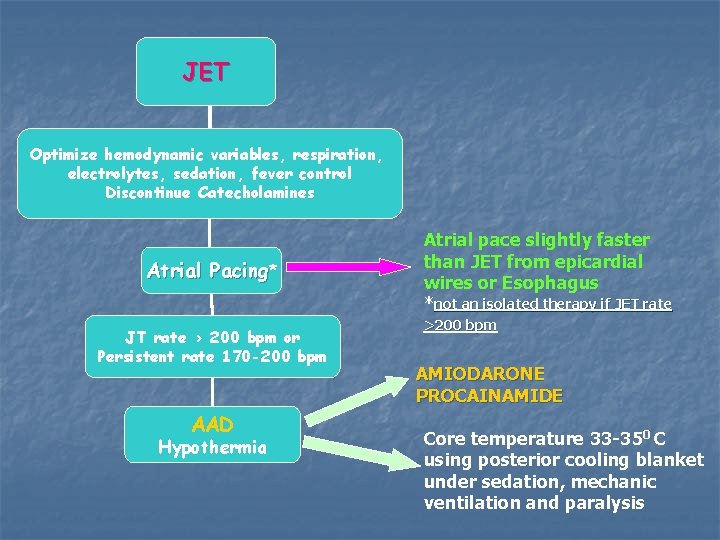 JET Optimize hemodynamic variables, respiration, electrolytes, sedation, fever control Discontinue Catecholamines Atrial Pacing* Atrial